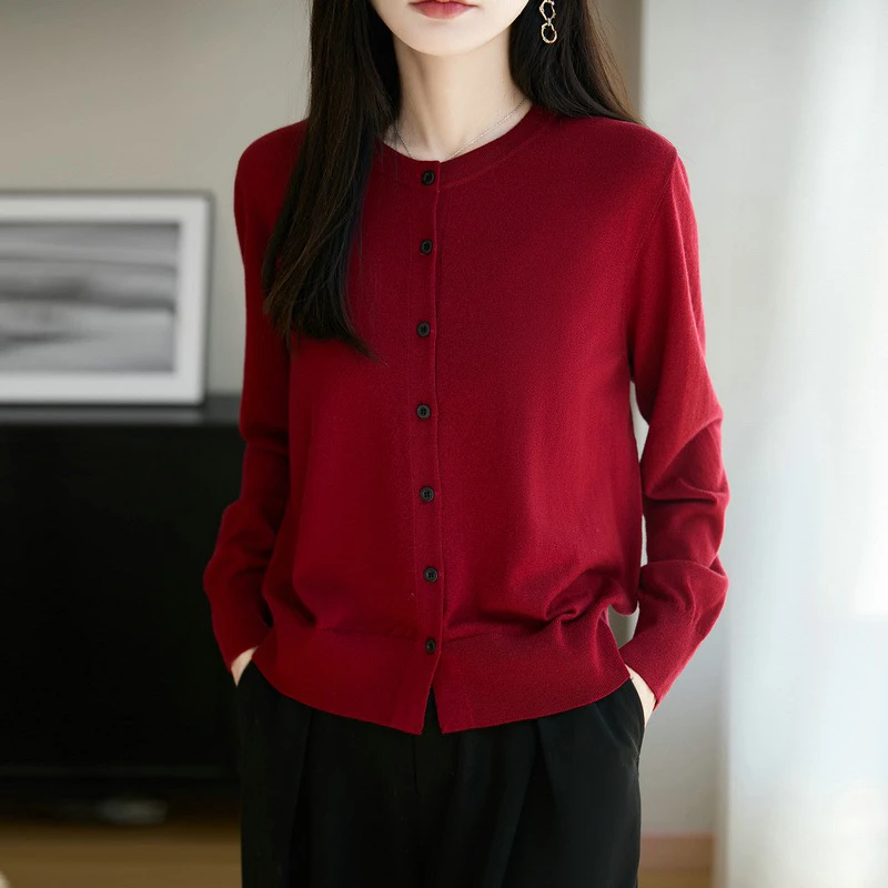 羊毛衫女100纯羊毛软糯宽松女士正肩针织开衫纯色宽松上衣春秋