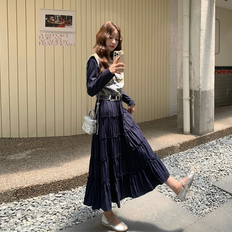 复古牛仔印花马甲连衣裙2025春秋新款高级感轻奢气质轻熟风套装裙