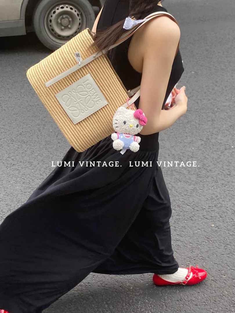 95新 LOEWE/罗意威 白色拉菲草托特单肩包42033318