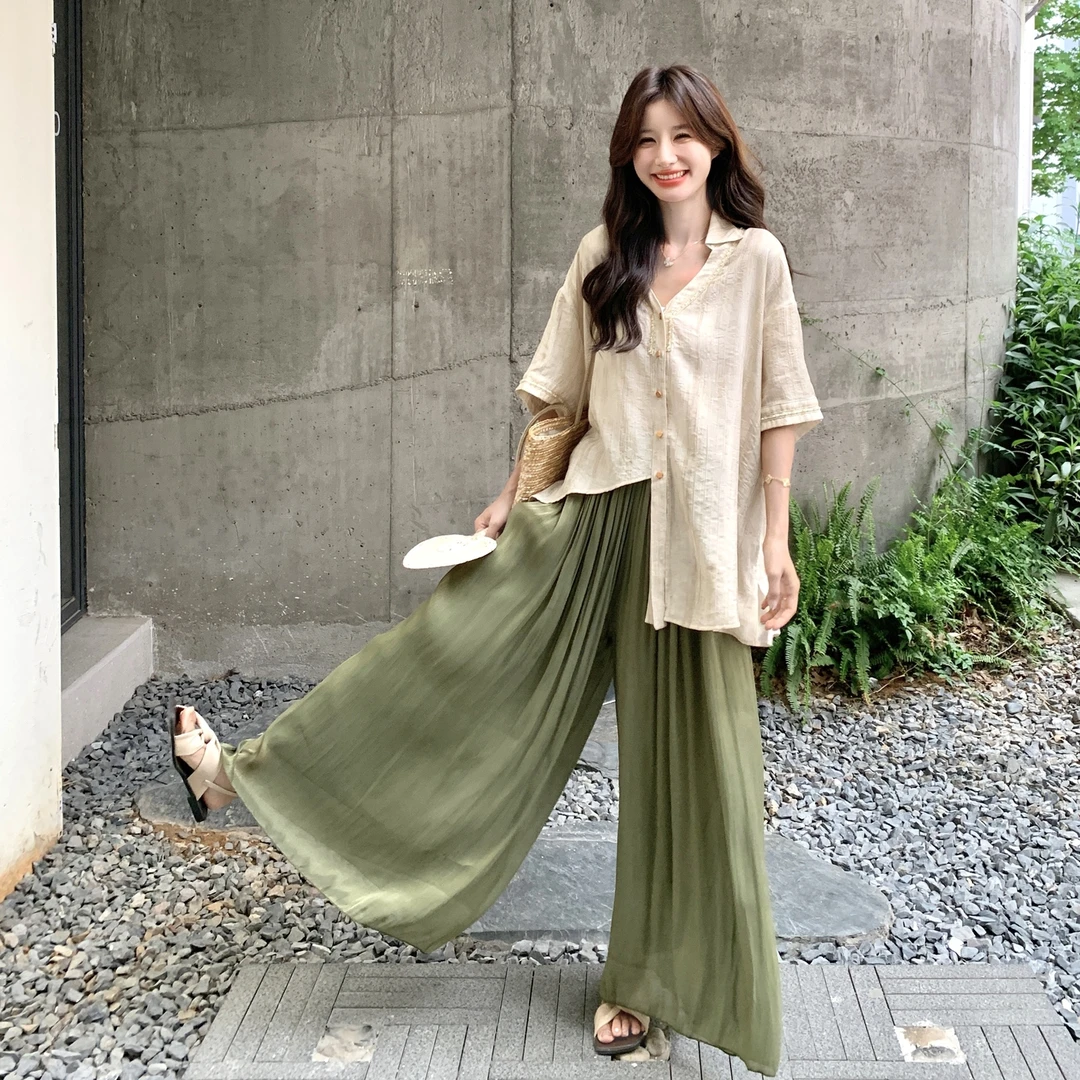 慵懒松弛感薄款不规则衬衫阔腿裤两件套女2025年夏季休闲显瘦套装