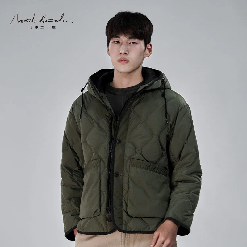 北纬三十度原创设计师男装冬季保暖时尚休闲葫芦纹连帽夹克羽绒服