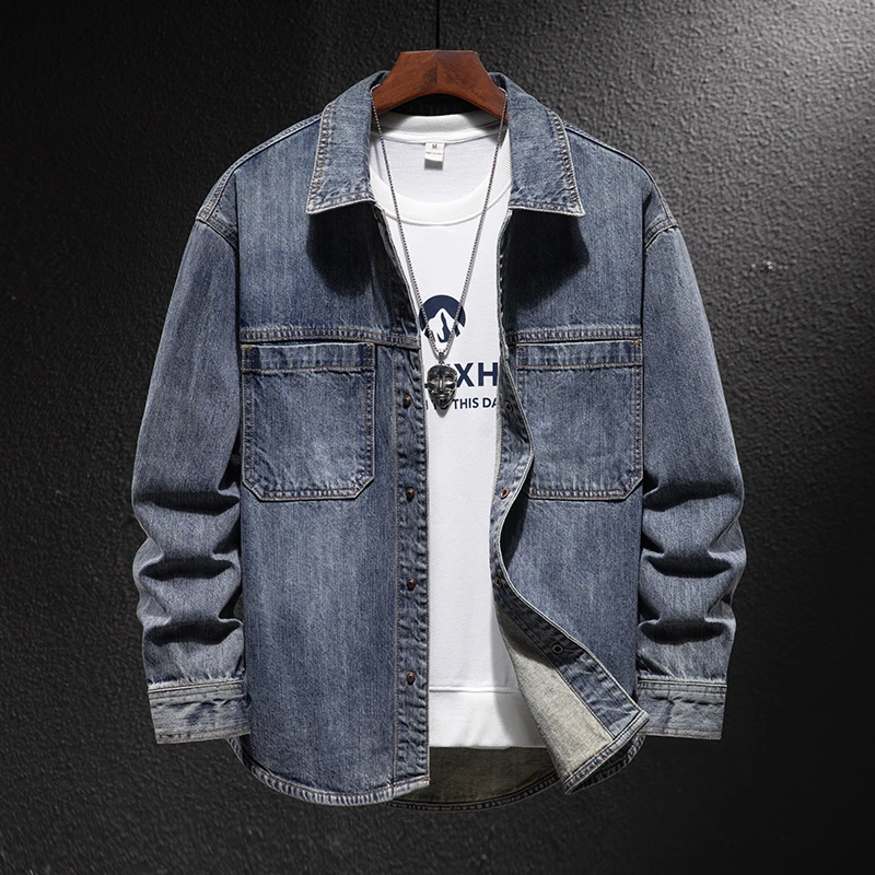 NDSL轻奢时尚牛仔衬衫男外套宽松美式休闲中长款复古潮流大码衬衣