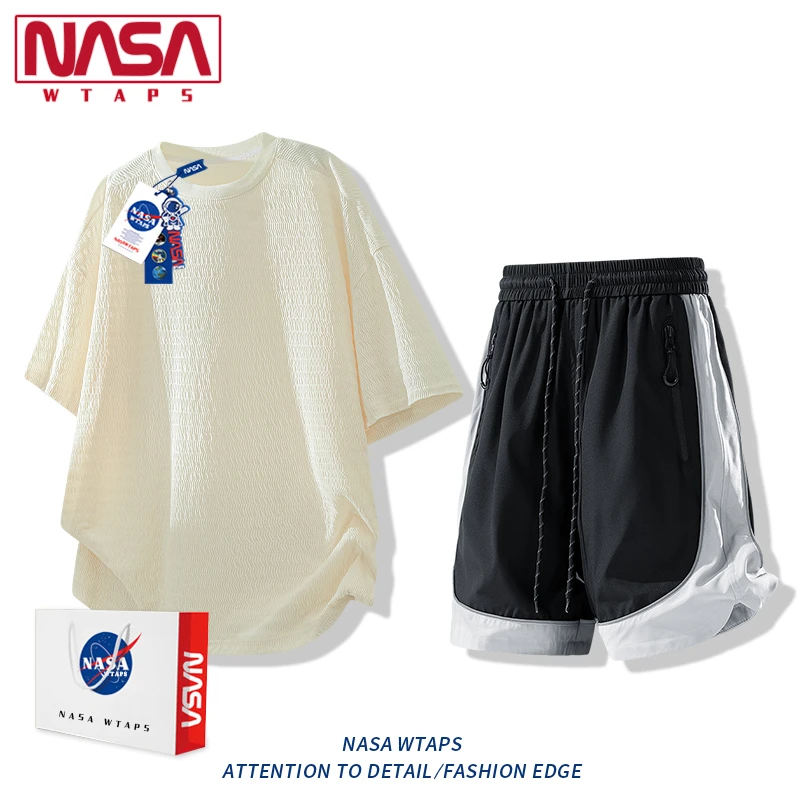 NASA WTAPS纹理感提花短袖套装男夏季冰丝薄款宽松休闲运动两件套