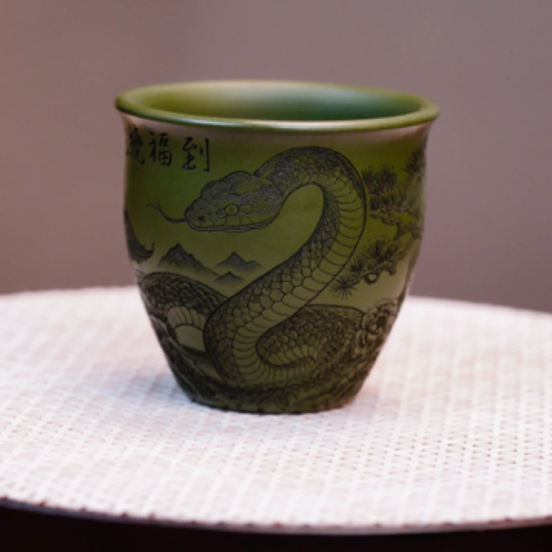 1068宜兴原矿紫砂全手工制作绿泥蛇到福到陶瓷紫砂杯茶杯纯手工