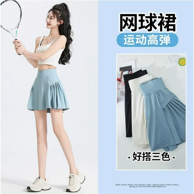 高腰百褶A字运动短裙女夏季薄款带口袋瑜伽短裙跑步防走光假两件