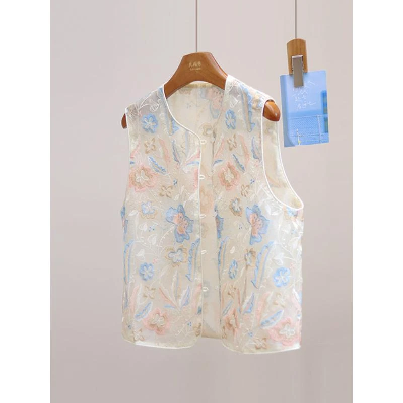 6548马甲夏天新中式国风秋季薄款马夹感欧根纱刺绣夏季马甲轻薄