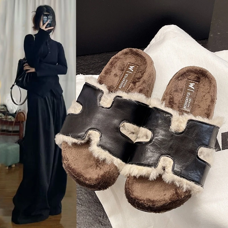 厚底高级感勃肯毛毛拖鞋女外穿2025新款秋冬配裙子爆款外出棉拖鞋
