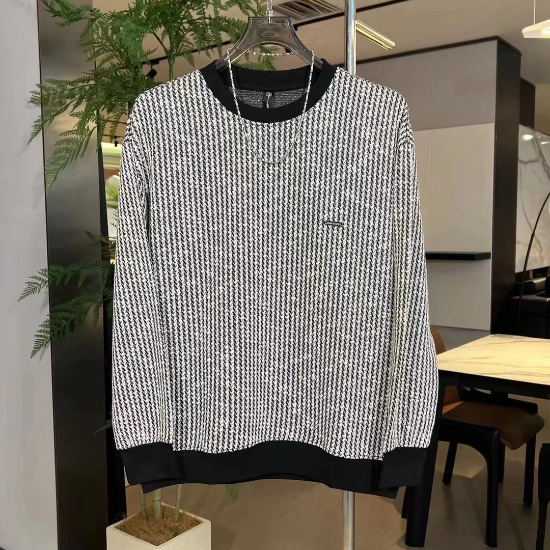 潮流长袖休闲圆领格子T恤满印秋冬男士打底衫