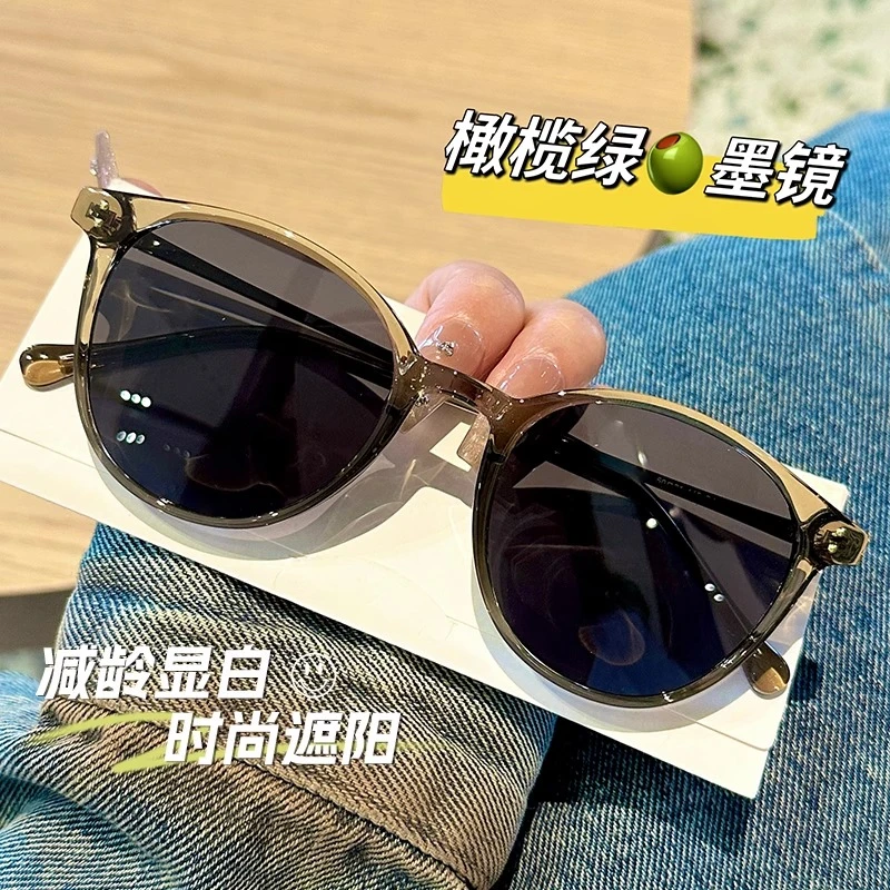 2025新款显白橄榄绿圆框墨镜女偏光遮阳防紫外线太阳眼镜可配近视