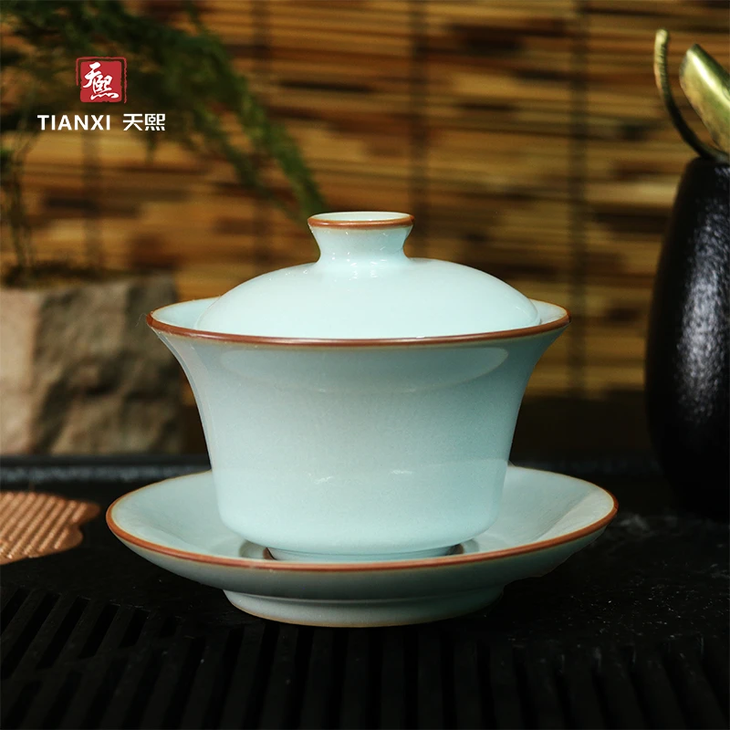 天熙汝瓷丨马蹄三才盖碗圈足烧手工盖碗天青釉