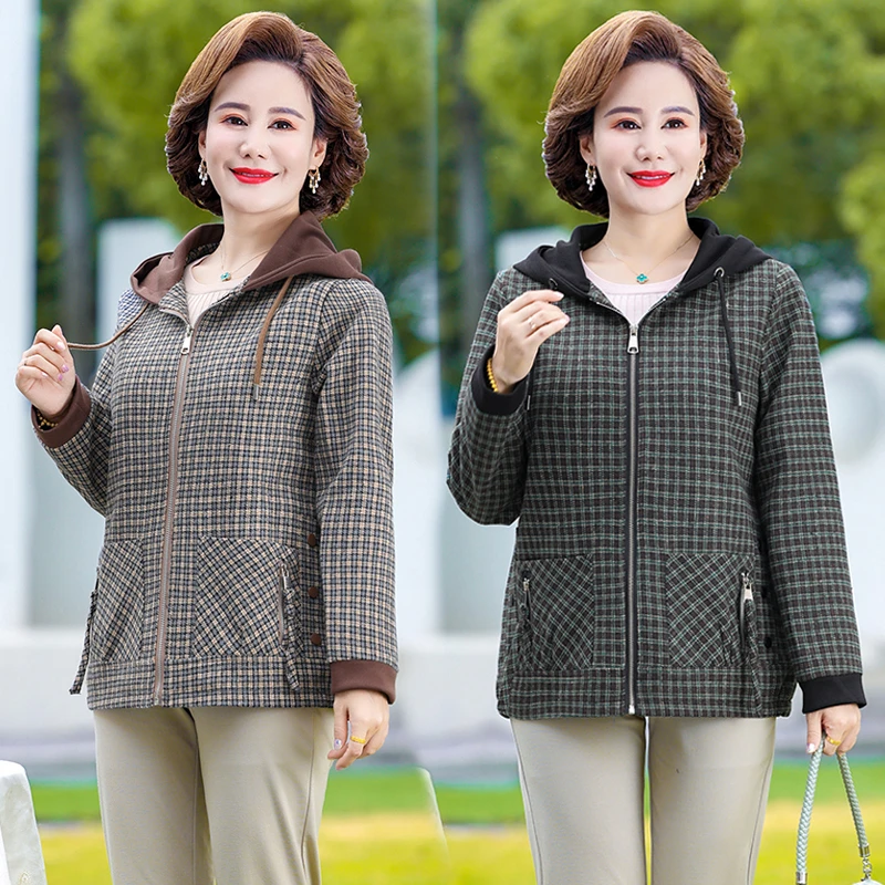 妈妈春装格子外套休闲连帽夹克衫2025新款洋气中老年女装春秋上衣
