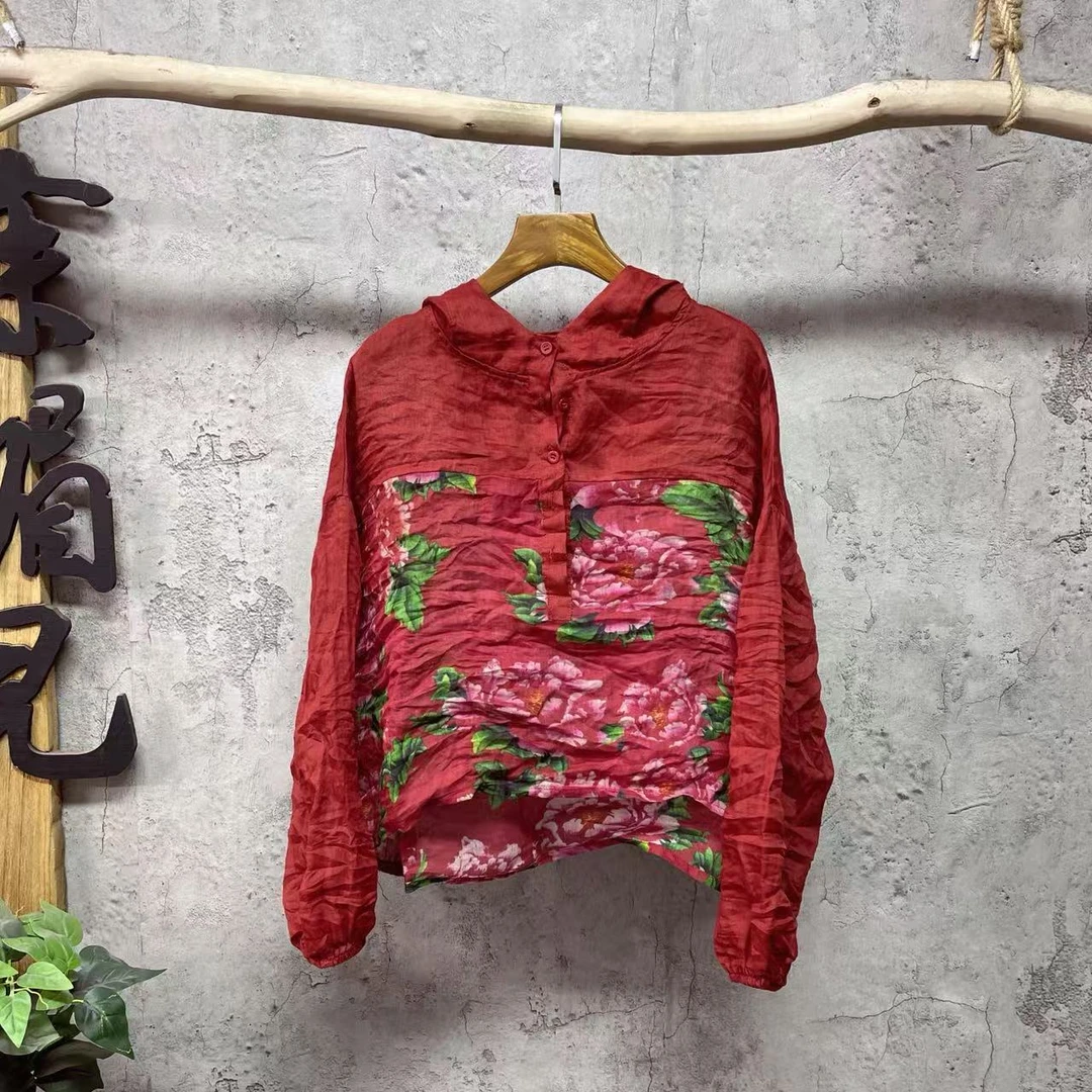 媚儿~原创新款苎麻数码印花百搭连帽上衣（衣长48 胸围130）