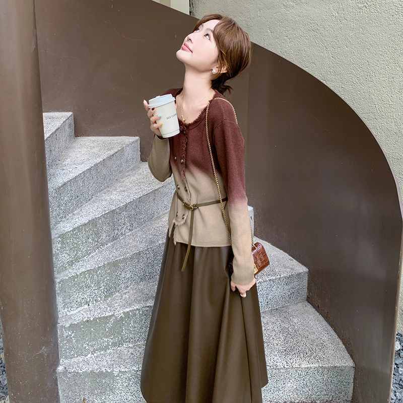 时尚针织小香风套装裙女2025纯色新款气质盐系轻熟半身裙两件套