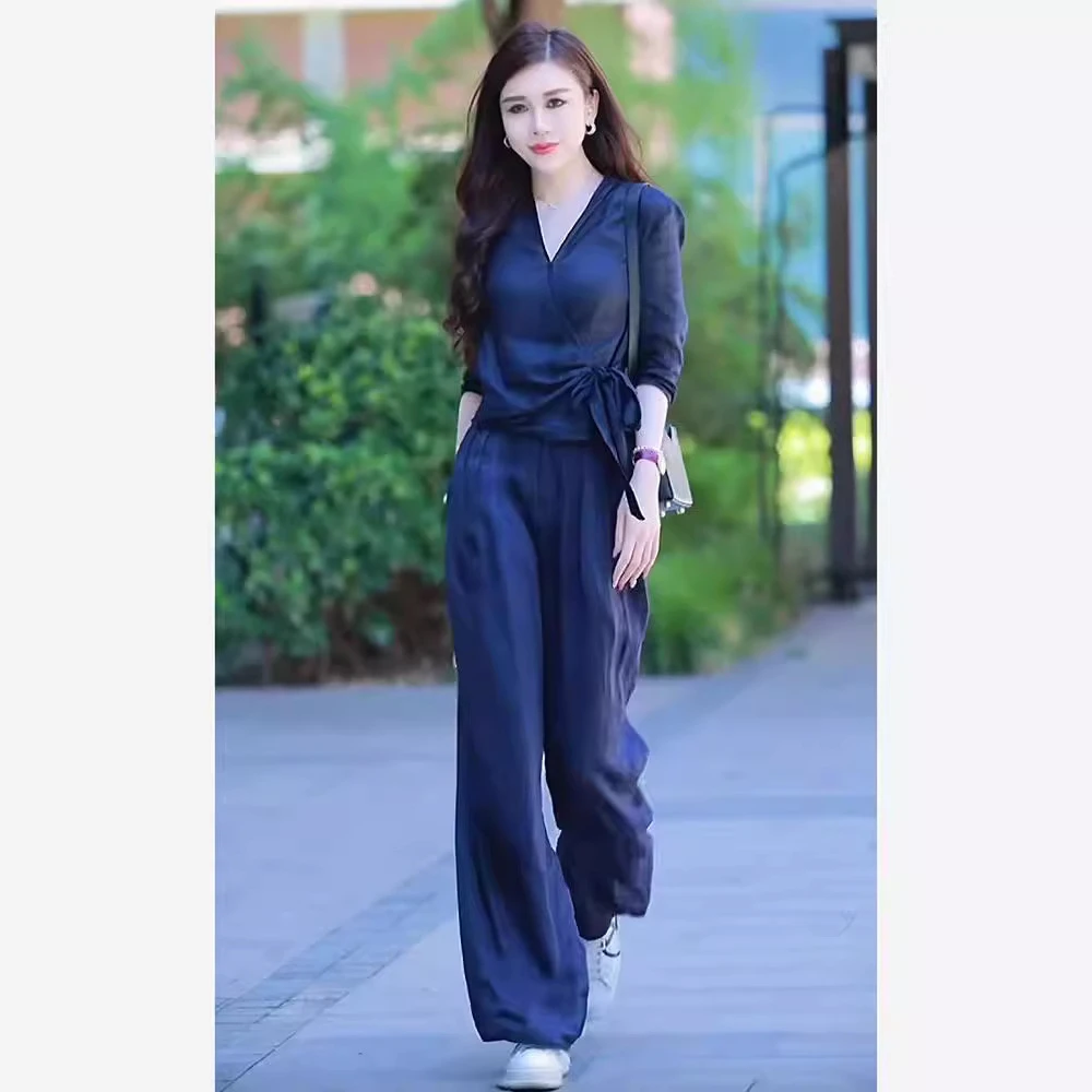 两件套装女2025夏新品文艺时尚减龄设计感V领衬衫百搭高腰阔腿裤