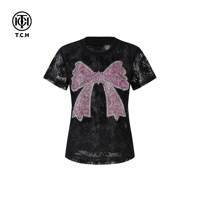 TCH私服烫钻工艺蝴蝶结短袖时尚高级休闲T恤女T75A10E5023轻奢tch