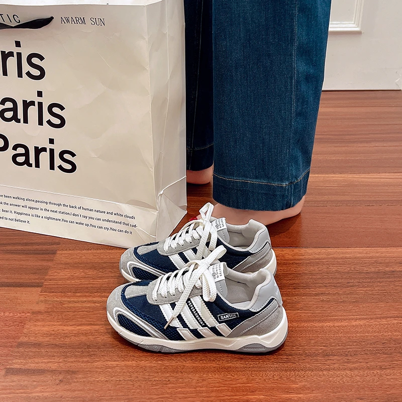 三福网面阿甘鞋女2025秋季新款厚底德训鞋软底休闲系带圆头运动鞋