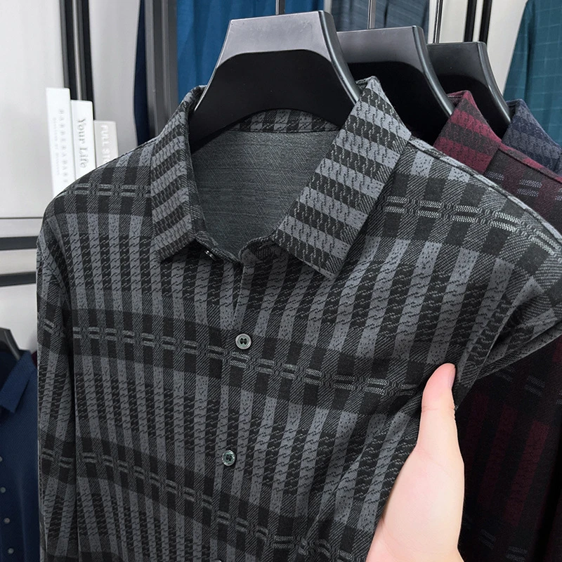 Louis Fordea/路易弗狄商务休闲男士衬衫宽松舒适条纹翻领男衬衣