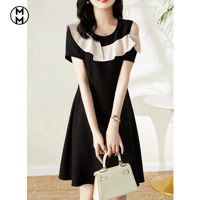MM夏装短袖时尚洋气收腰显瘦荷叶边拼接露肩连衣裙