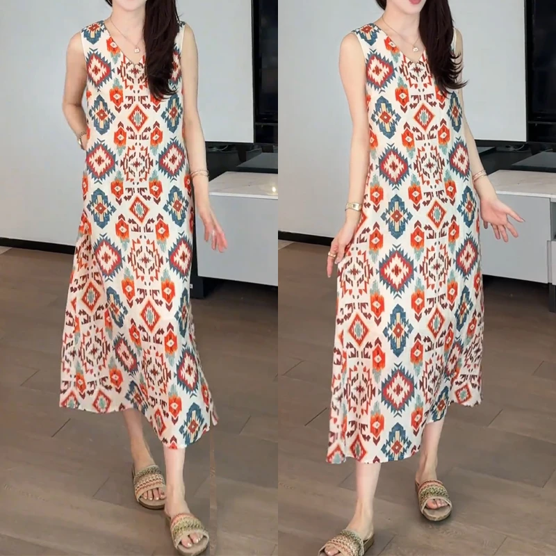 民族风碎花裙无袖连衣裙2025新款裙子女夏今年流行漂亮超好看长裙
