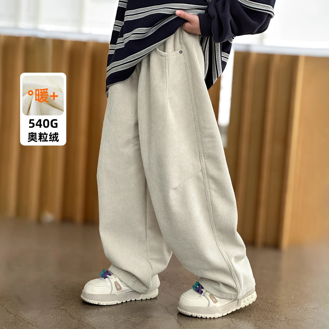 男童灯芯绒裤子加绒秋冬款儿童冬季加厚棉裤2025新款中大童直筒裤