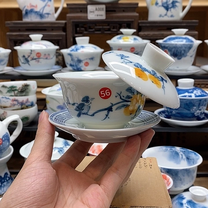 纯手绘喜柿图盖碗150cc釉下彩微瑕福利款