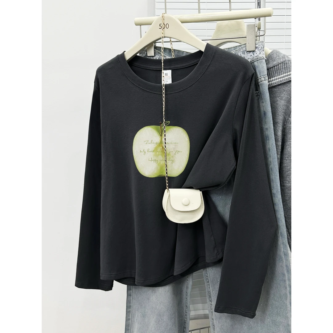 百搭苹果印花正肩长袖t恤女2025秋季新款胖mm大码圆领上衣打底衫