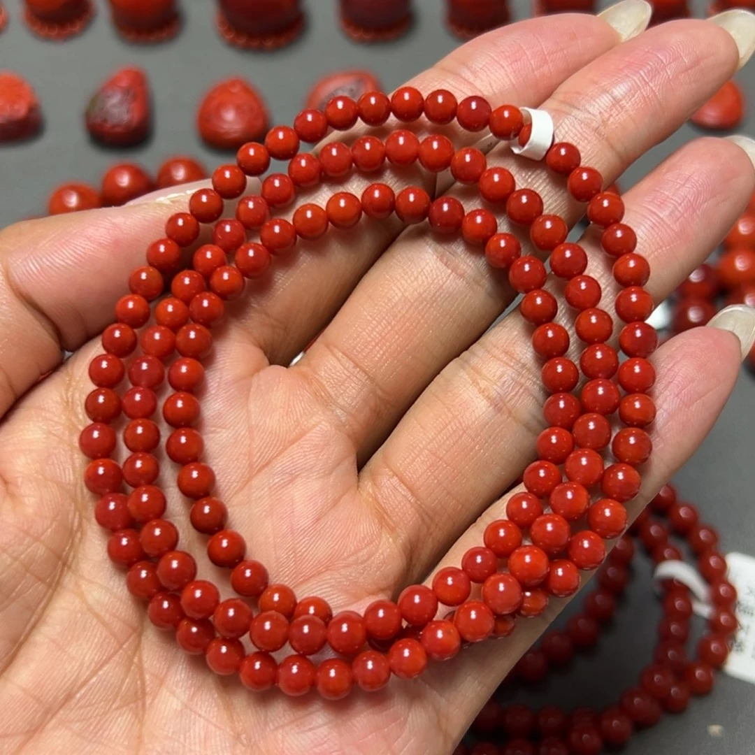 南红玛瑙未镶嵌手串 玫瑰锦红多圈 约4.6mm 高阶色