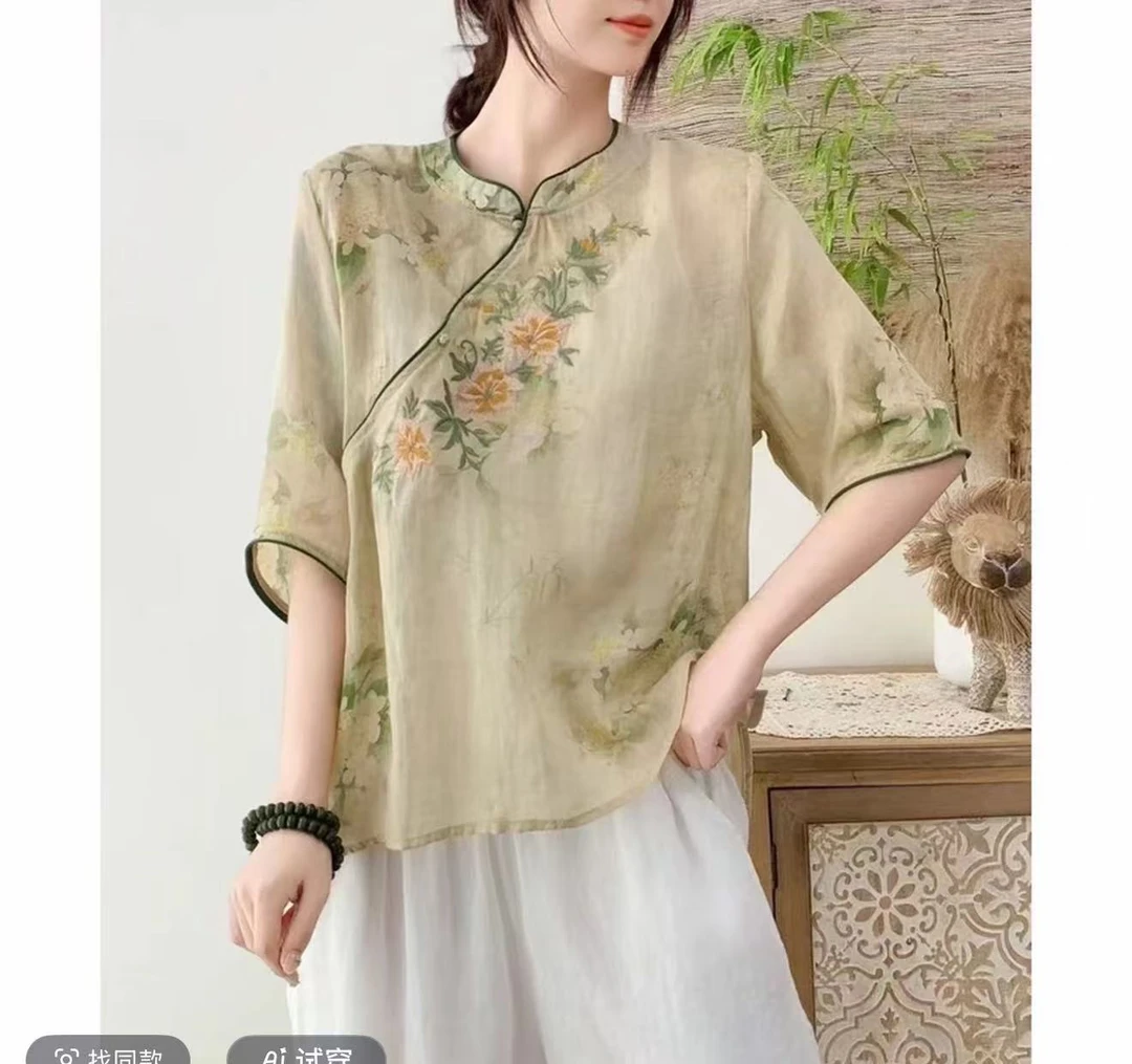 新中式夏季新品刺绣圆领碎花衬衫显瘦古风宽松上衣禅意茶服上衣
