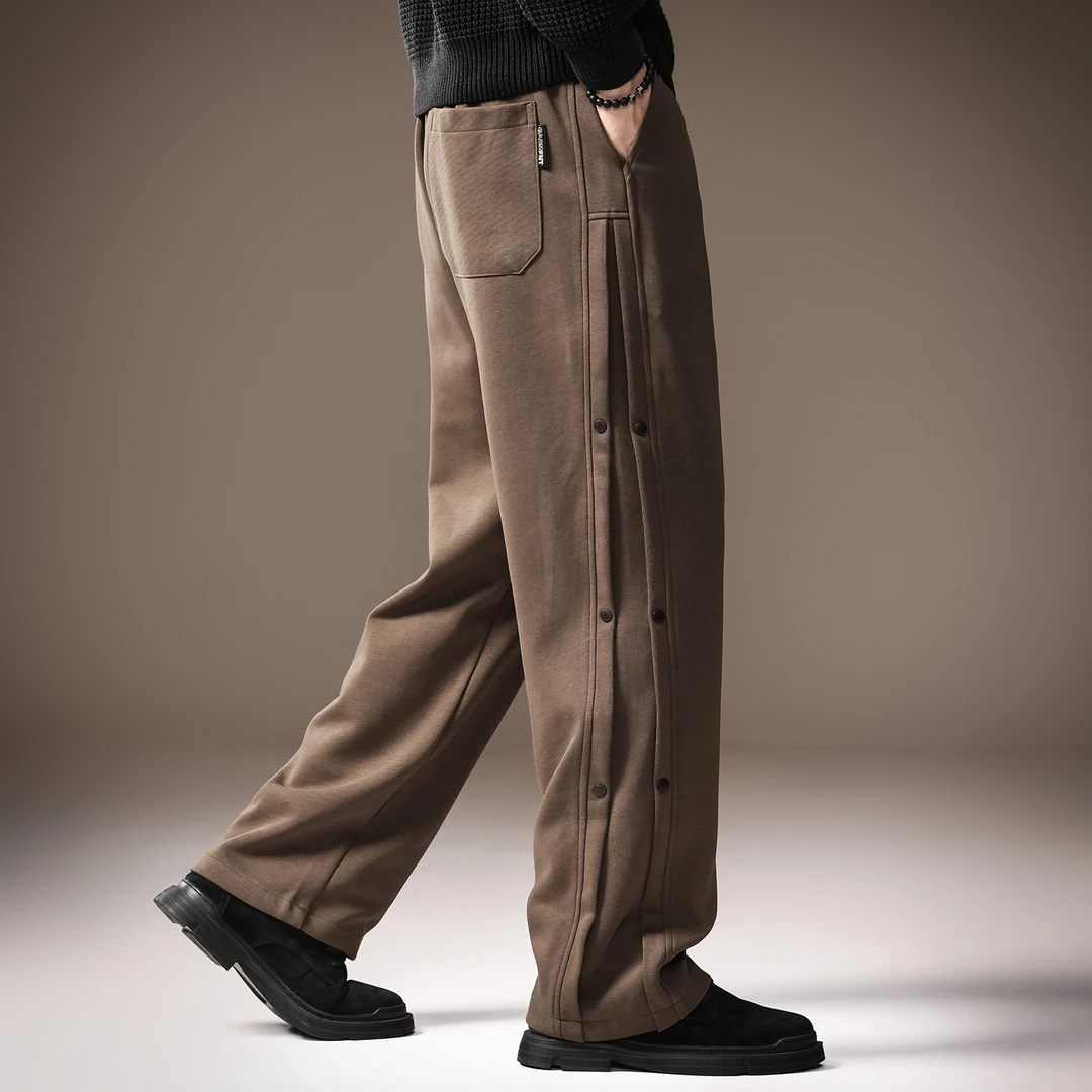 高端美式复古重磅排扣卫裤男秋季加绒高街潮牌直筒宽松男士休闲裤