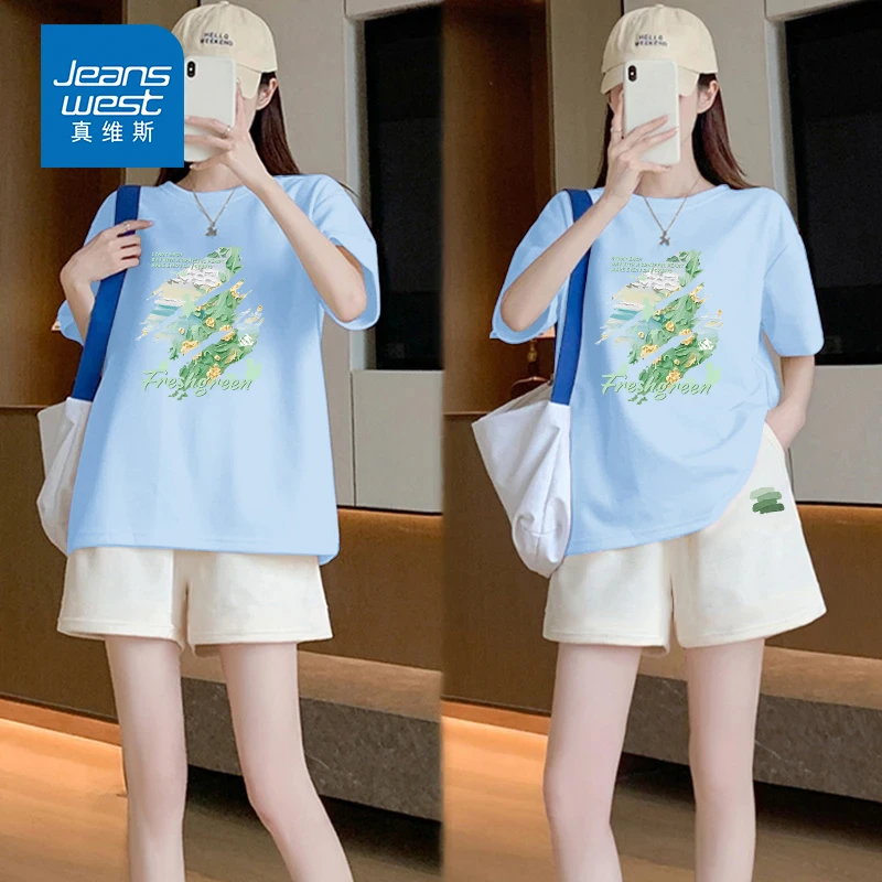 真维斯运动套装女夏季新款纯棉t恤初中生宽松休闲短袖短裤两件套