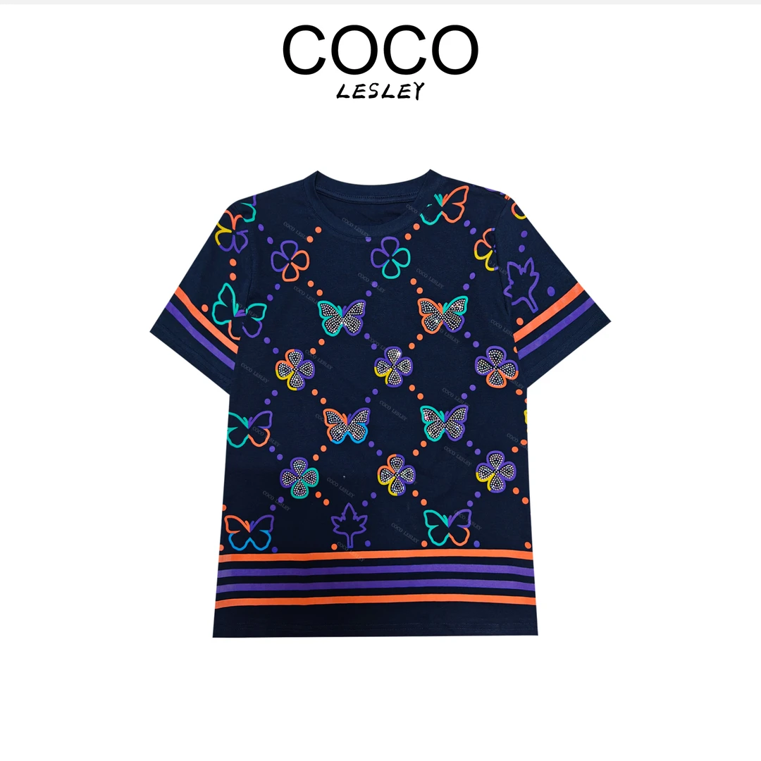 COCO LESLEY烫钻蝴蝶印花短袖T恤T4163
