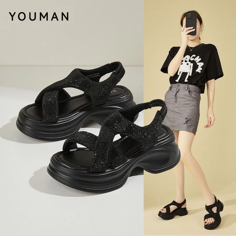 【好物有'恒’】YOUMAN满天星水钻增高凉鞋女士新款夏季外穿沙滩鞋