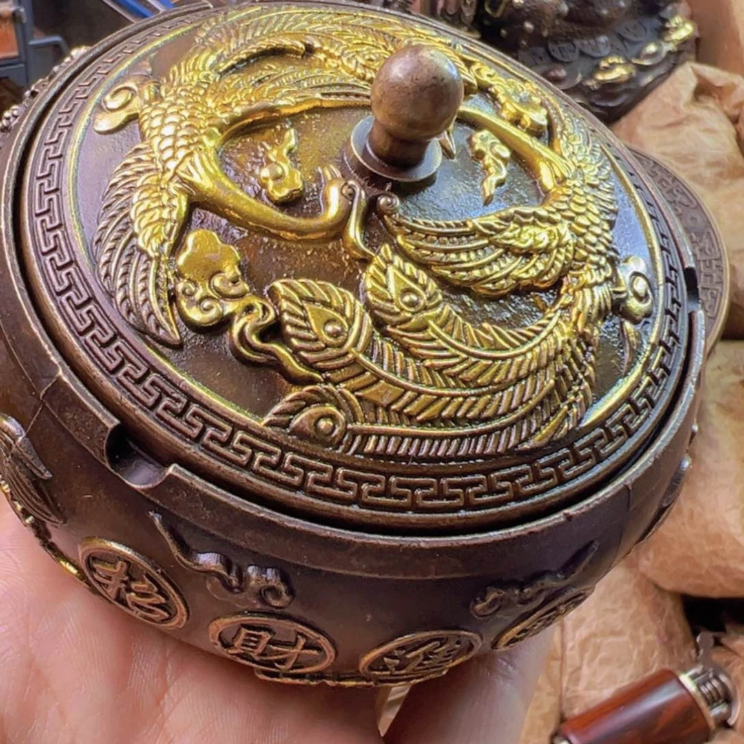 原矿风磨铜龙凤烟灰缸