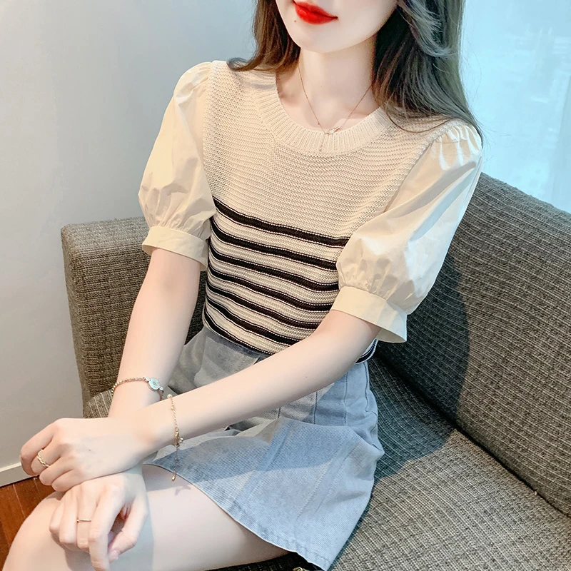 2025新款夏季薄款冰丝条纹针织短袖T恤女正肩圆领泡泡袖百搭上衣