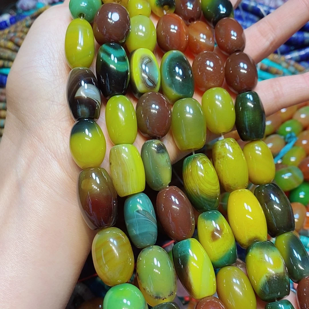 玛瑙/玉髓配珠天然蛋形大孔黄绿玛瑙一条