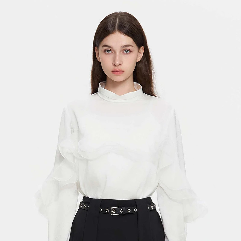 sdeer圣迪奥女装25年新品OL风立领荷叶边宽松垂坠衬衫S253Z0525