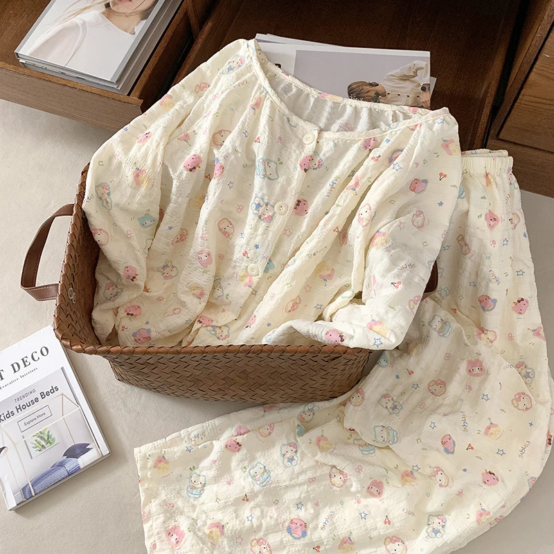 带胸垫甜美可爱Kitty睡衣女春秋季宽松舒适少女家居服套装可外穿