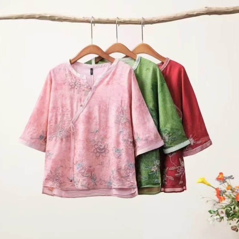 2025千椿物禧原创中式国风夏季牡丹花刺绣V领显白七分袖宽松衬衫