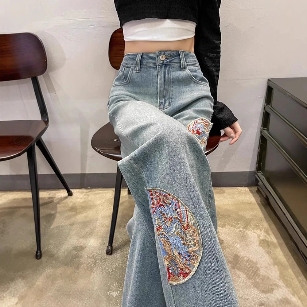新中式刺绣阔腿牛仔裤女2025春季爆款高腰直筒宽松显瘦窄版拖地裤