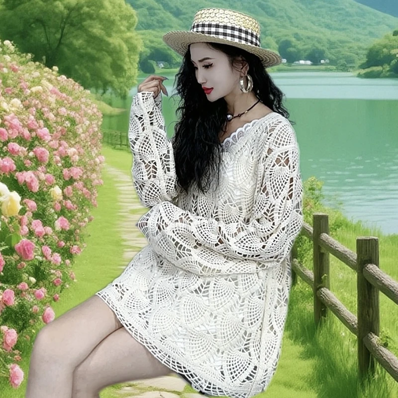 夏季新款镂空防晒针织衫女2025时尚百搭宽松显瘦洋气长袖上衣-337