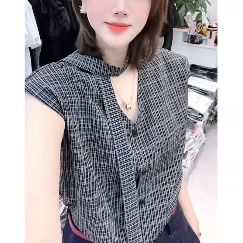 飘带短袖格子衬衫女夏季新款时尚百搭洋气减龄气质V领系带上衣