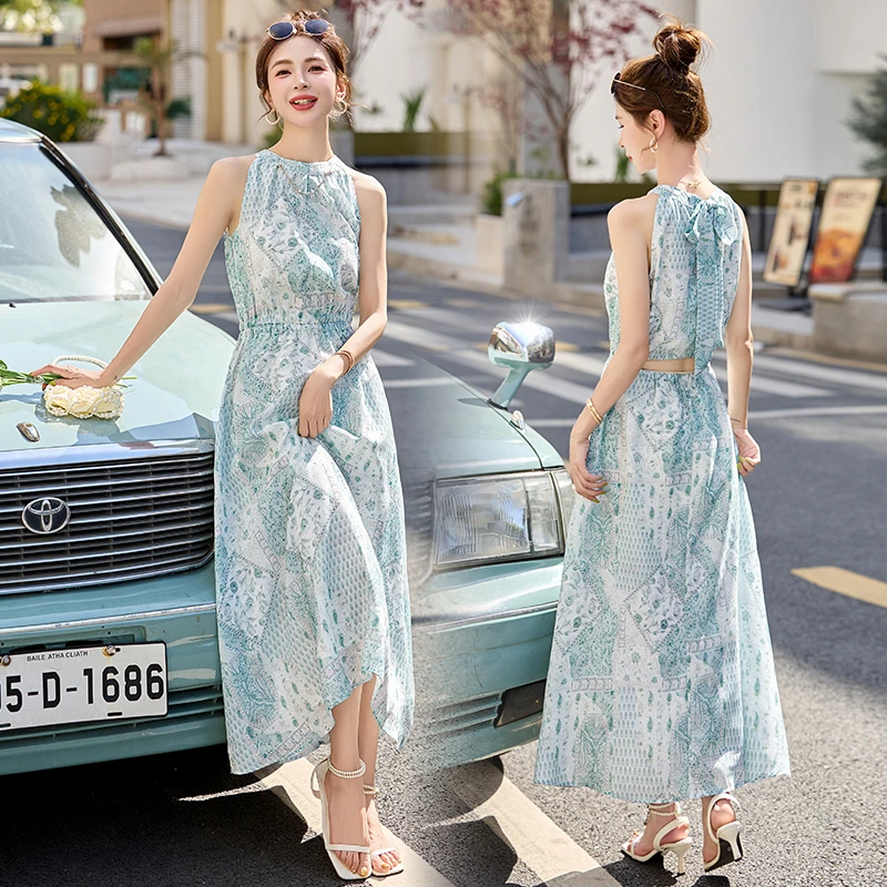 2025夏季新款韩版茶歇显瘦海边长裙高级感无袖印花超仙雪纺连衣裙