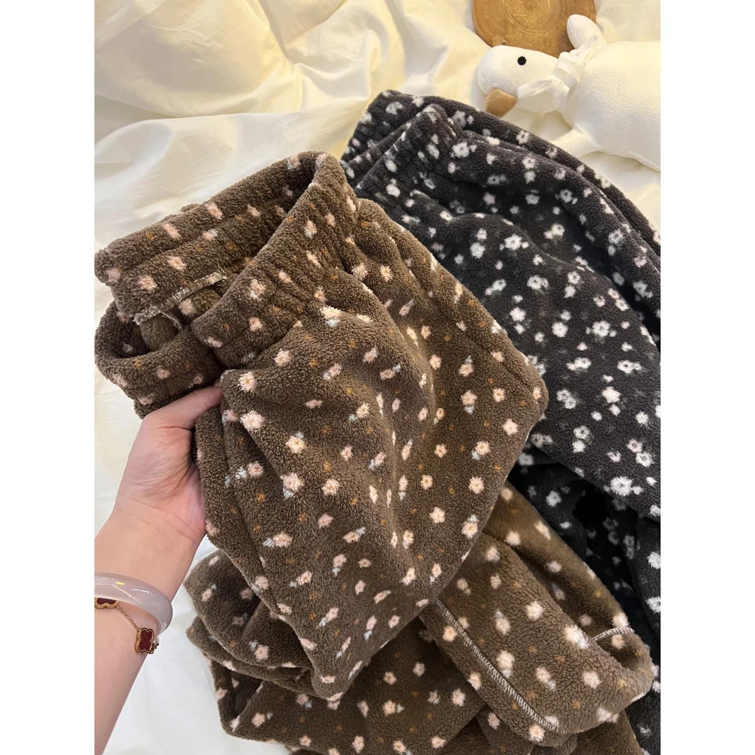 软糯毛绒甜美小碎花珊瑚绒睡裤女长裤冬季加绒保暖休闲遛弯家居裤