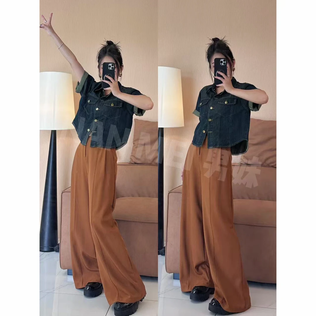 NM【多巴胺女孩】高腰垂感压褶拖地直筒西装裤2671