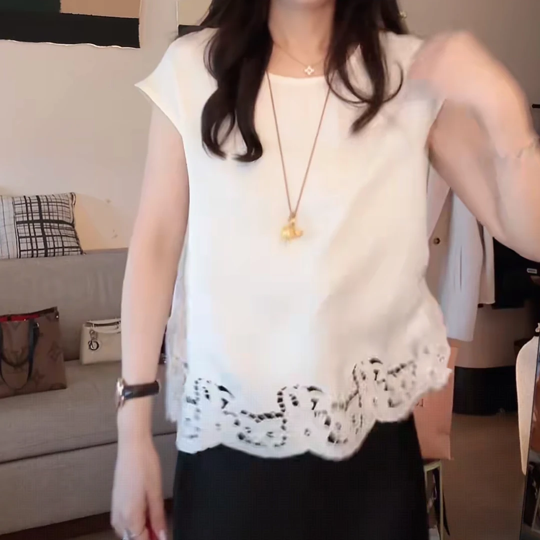 设计感时尚女士气质宽松花边下摆上衣2025夏季新款圆领通勤百搭女