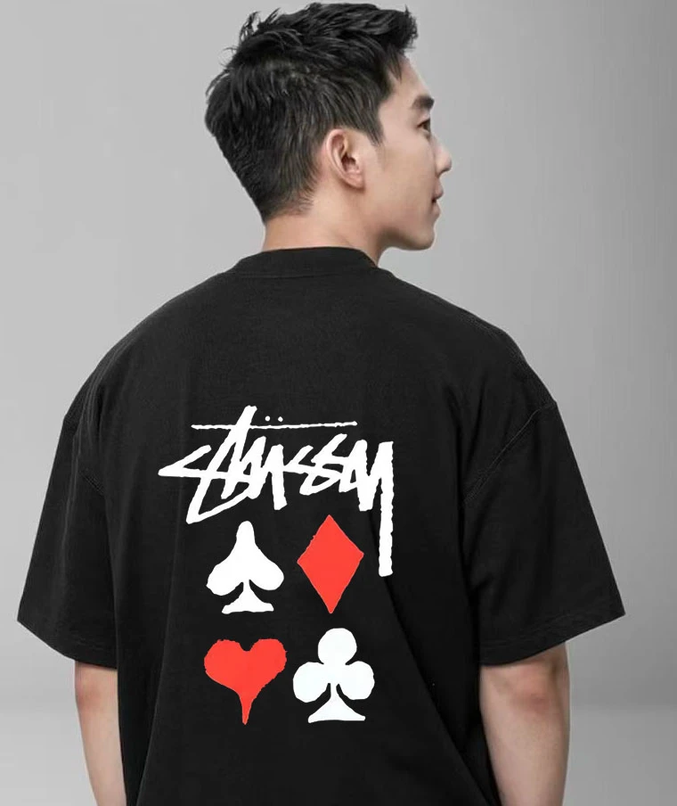 潮流扑克牌字母印花宽松透气时尚个性休闲纯棉短袖男女款百搭Ins