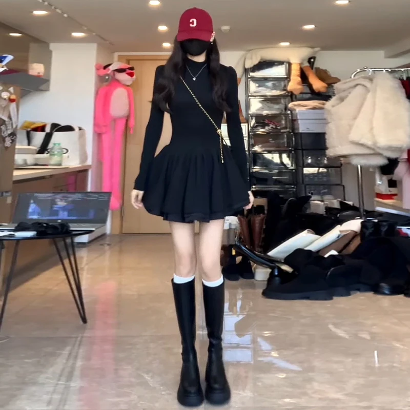 PMKDE||赫本千金小黑裙女早秋款掐腰显瘦收腰长袖针织裙蓬蓬裙