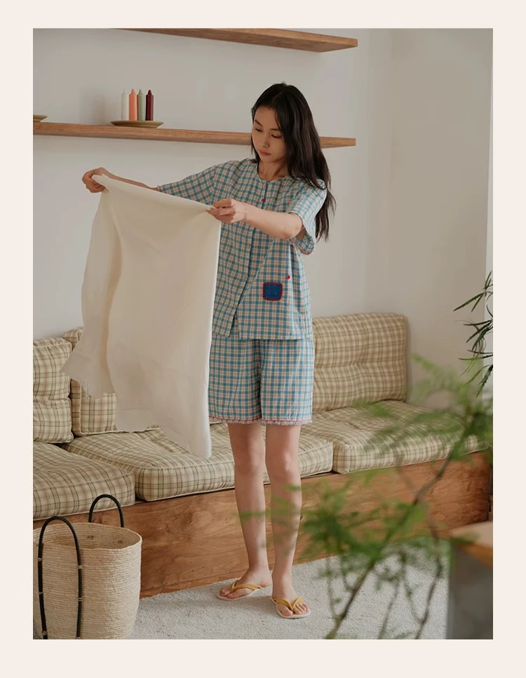 251-009棉麻格子圆领短款可外穿2025年春夏新品女家居服睡衣套装