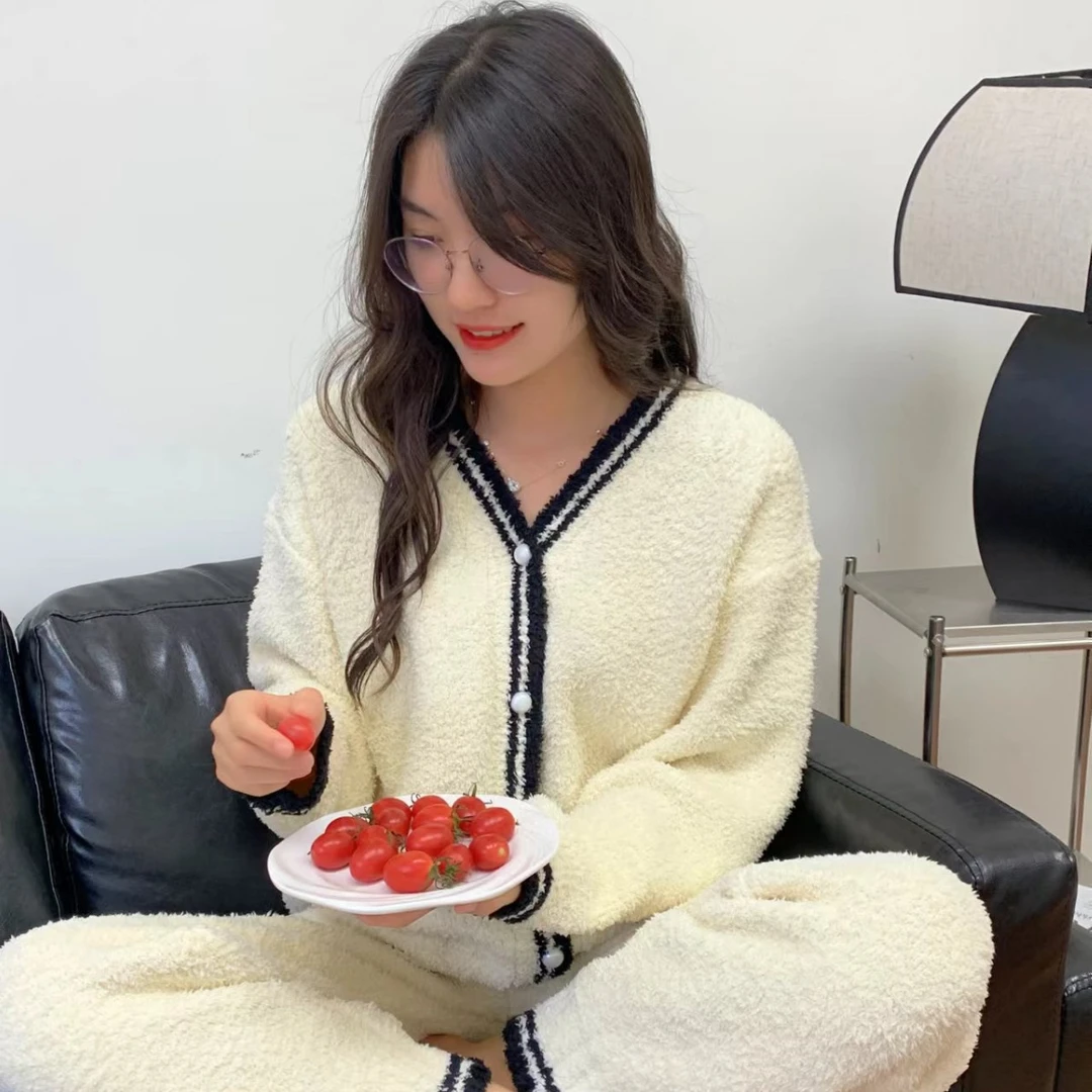 纯色睡衣女秋冬开衫套装居家可外穿珊瑚绒女士宽松舒适家居服保暖