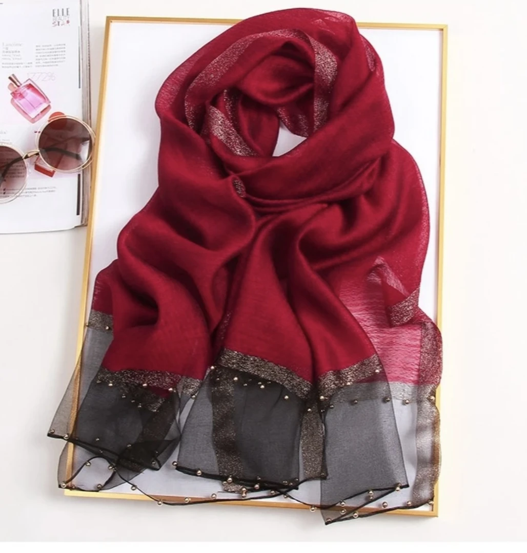 S-34-13 桑蚕丝羊毛65x175左右钉珠款围巾秋冬  酒红色